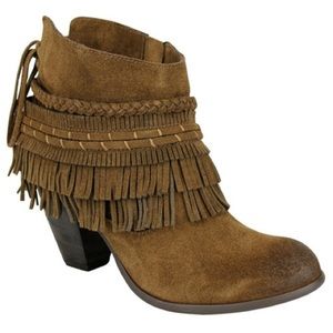 New Naughty Monkey In Lyne Boho Fringe Western Tan Suede Block Heel Ankle Boot